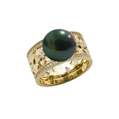Custom Unique Bohemian Hawaiian Black Pearl Hollow Engraved Flower 14K Gold Diamond Wedding Rings Jewelry Women
