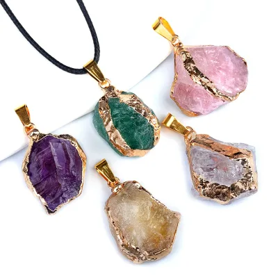 25-35mm Big Gilding Crystal Irregular Raw Stone Pendant Charm Necklace Random Irregular Raw Shape Healing Crystal Charm Necklace