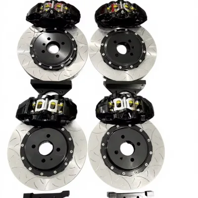 Two Piece Slotted Brake Disc Rotor Kit with Black Calipers Brackets Braided Steel Brake Hoses for Track Racing Street Upgrade