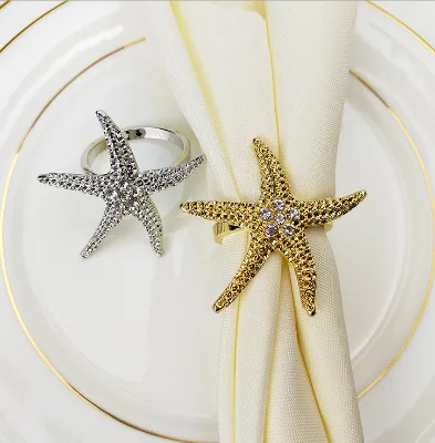 Wholesale Silver Marine Napkin Buckle Starfish Conch Napkin Ring Blingbling Rhinestone Napkin Ring
