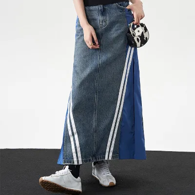 High Waisted Skirt Jeans Skirt Women Denim Jean Button Jean Skirt Long Soft Dress Patchwork Denim Women