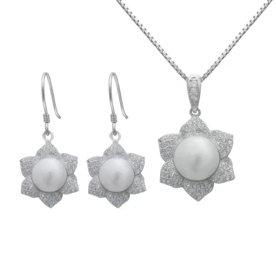 925 Sterling Silver & 18K Gold Plated Wedding Jewelry Set Freshwater Pearl Earring Pendant with Chain Pearl Jewelry