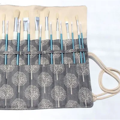 10 Slots Canvas Grey Tree Roll up Pen Bag Curtain Case Brushes Holder Rolling Pen Case