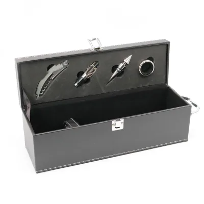 PU Leather Single Bottle Wine Opener Storage Kit with Corkscrew Pourer Customizable Logo Gift Box for Bar Use for Waiters