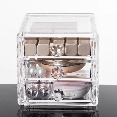 Transparent Acrylic Storage Rhinestone Drawer Box Diamond-Handled Drawer-Style Design Stackable Dust-Proof for Makeup Stationery