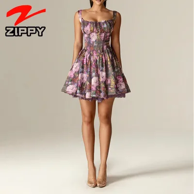 OEM Custom High Quality Fashion Sexy Casual Print Sweetheart Corset Mini Slip Dress Aesthetic and Elegant Ruffled Summer Skirt
