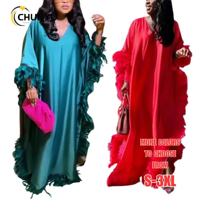 Luxury African Evening Dresses Bat Sleeve High Slit Full Surrounding Lightweight Feather Dress Robe Loose Kaftan Dresses
