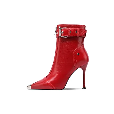 Pu Leather Pointed Toe Stiletto Ankle Boots Zipper Buckle Decor Heels