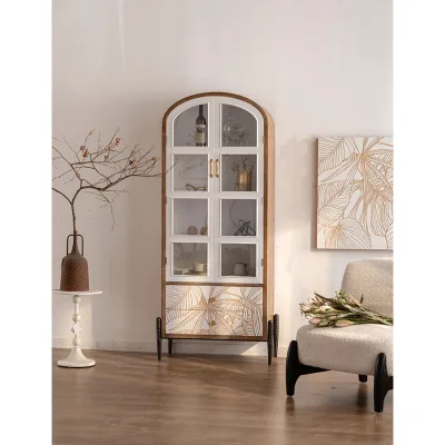 Farmhouse Arched Tall Home Whiskey Wine bar Kitchen Living Dining Room Wooden Storage Display Cabinet, Buffet Cabinet