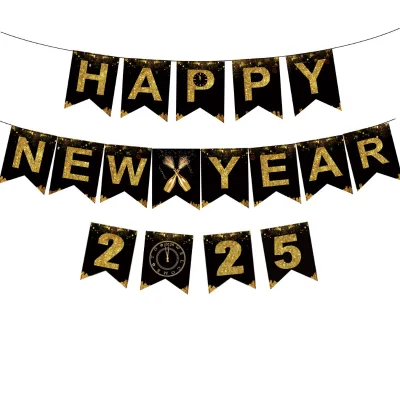New Arrival Wholesale Black Gold Happy New Year Party Flag Banner Home Christmas Eve Decoration Made of Paper