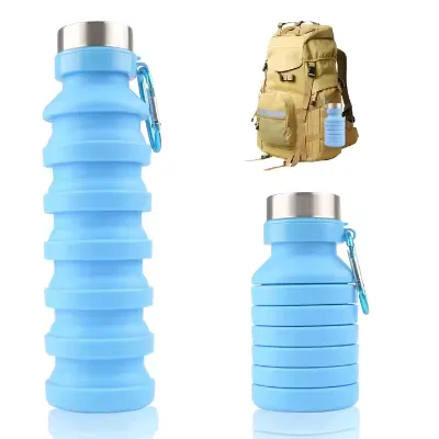Custom Logo Drink Bottle Collapsible Silicone Water Bottle with Stainless Steel Lid Plastic Drinkware