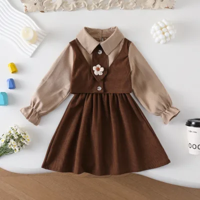 6619 Girls Spring/Autumn A-line Long Sleeve Princess Dress New Children Preppy-Style Corduroy Patchwork