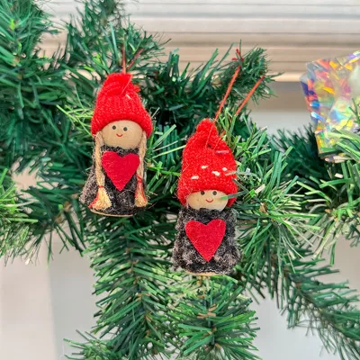 Factory Wooden Felt Doll Gnome Christmas Tree Hanging Ornament Set of 2 7cm Height