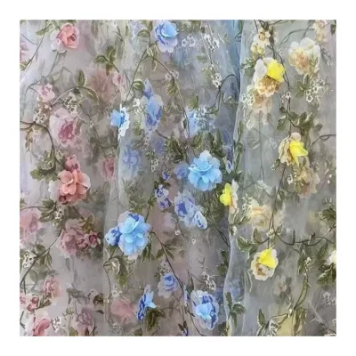 Affninty pink Floral Organza Fabric China Wholesale 3d Flower Embroidered Lace Fabric
