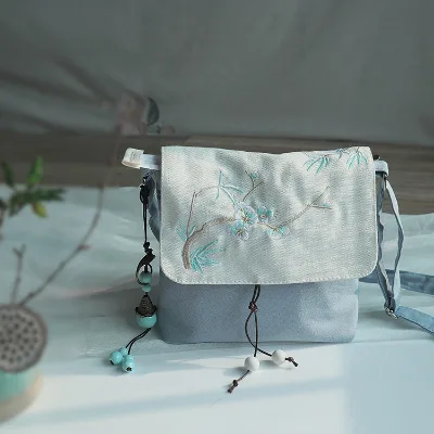Art Floral Pattern Cotton Canvas Bag Ancient Style Embroidery Women Cross-Body Small Square Bag