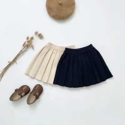 2021 fall autumn infant baby girls pleated skirt toddler kids solid beige black knitted clothing
