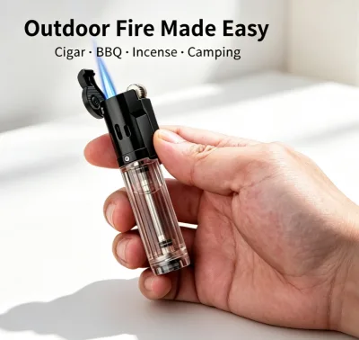 Refillable Inflatable Butane Blue Flame Windproof Adjustable Flame Metal Cigar Lighter Compact Gas Torch Creative Flint Design