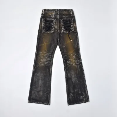 Dirty Mud Wash Printed Flare Bootcut Women Jeans Slim Fit Cement Wax Coated Heavyweight Cotton Denim Pants