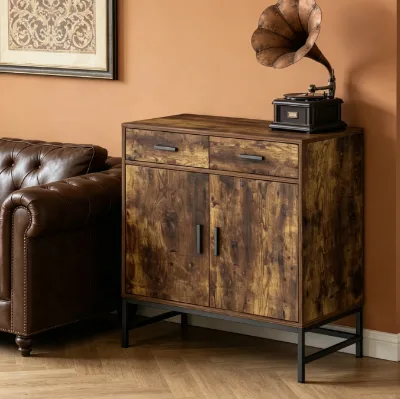 Rustic Brown Wood Storage Cabinet, Industrial Sideboard with 2 Drawers & 2 Doors