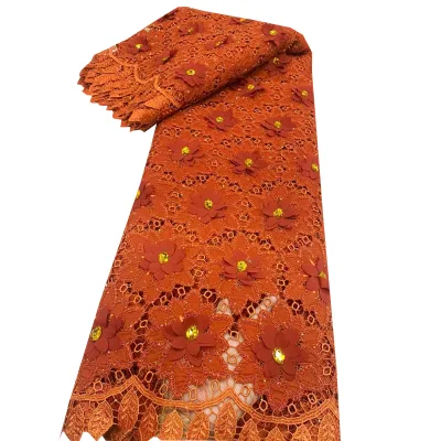Orange Luxury Rhinestone Chiffon Embroidery Lace Stone Fabric Cutwork Embroidery Lace African Ceremony Evening Dress Material