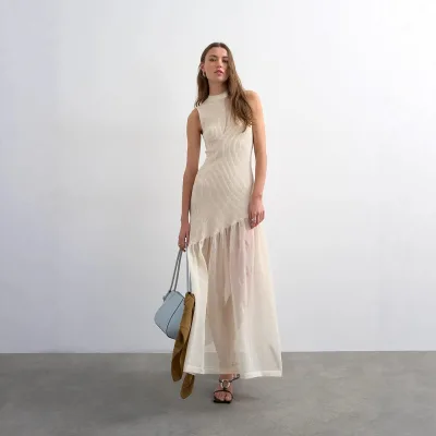 Simple French-style Solid Ribbed Knit Sleeveless Summer Mermaid Elegant Sheer Long Dress Knitted Design With Gauze