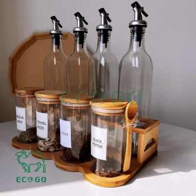 Glass and Bamboo Pantry Set 4pieces 500ml Oil Vinegar Bottle and 4 300ml 10oz Glass Spice Jar With Spoon Bamboo Spice Rack