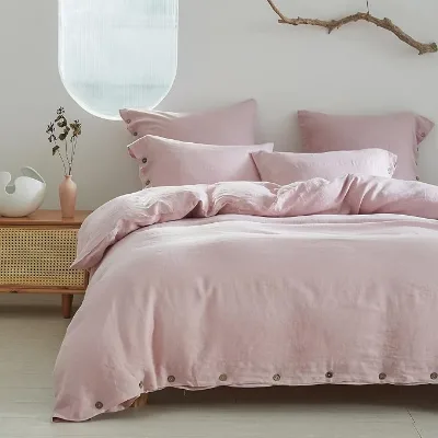 Natural French Washed Linen Solid Color Cool Breathable Coconut Button Opening Soft Durable Antibacterial Duvet Cover for Home