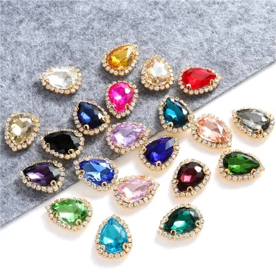 Teardrop-shaped Claw-set Electroplated Glass Rhinestone Studs / DIY Four-hole Hand-sewn Rhinestone Edging Chains for Shoes