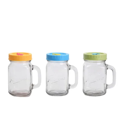 Mason Glass Drinking Jars Glass Mason Jars with Lid Handle and Straws 16 oz 500ml