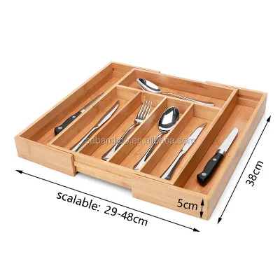 Bamboo Wood Kitchen Cutlery Tray Silverware Drawer Organizer