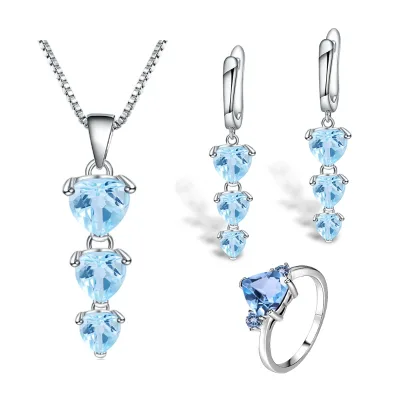 Classic Three Stone Design Triple Heart Cut Sky Blue Topaz Drop Earrings & Necklace 3 Stone Ring 925 Silver Women Jewelry Set