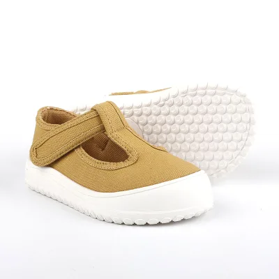 Unisex Canvas Mary Jane Shoes - Soft Brown Fabric Upper, Velcro T-Strap & Cushioned Rubber Sole for Daily Wear