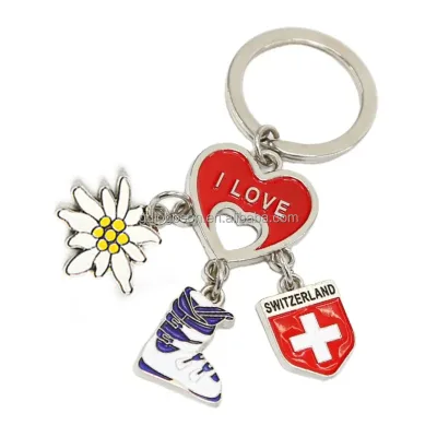 For Swiss Quality Metal Enamel Keyring Fashionable I for Love for Switzerland Design Heart-Shaped Apls Edelweiss Skiing Boot Key
