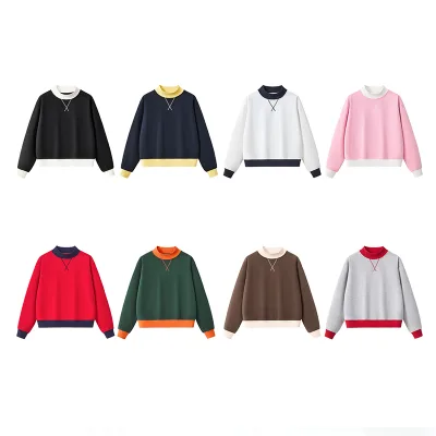 OEM Wholesale Custom Logo 350gsm Women Contrast Color Mock Neck Sweatshirt Digital Print Oversized Drop Shoulder Sweatshirt