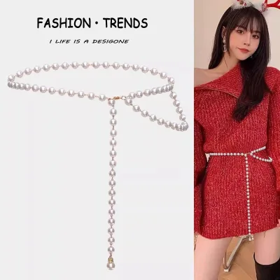 BOYI Women's High-End Small Fragrance Style Waist Chain White Pearl Belt with Summer Decoration Waist Chain