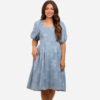 Blue Textured Floral Square Neck Puff Sleeve Pregnancy Clothes Dresses Womens