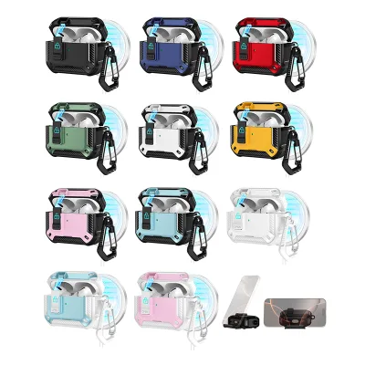 Heavy Duty Rugged Earphone Case with Safety Lock for AirPods 4/Pro 3 2 Magnetic Shockproof Earphone Cover With Stand Holder
