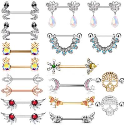 Wholesale Fashion Stainless Steel Body Piercing Angel Wings Bee Skull Shaped Colorful Zirconia Rhinestone Nipple Barbell Rings