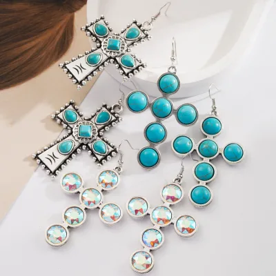Earrings with alloy inlaid turquoise cross exaggerated earrings creative Bohemian earrings