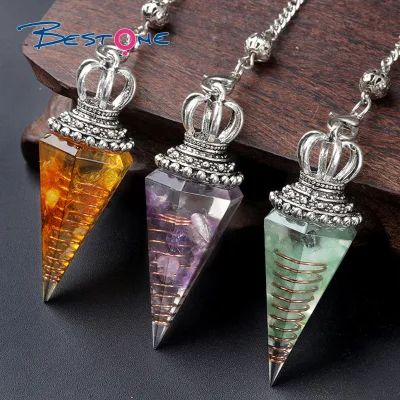 1pcs Natural Alloy Crown Cap Resin+ Chip Crystals Stone Pyramid Pendulum Pendant Hanging Ornament Halloween Gift Divination Tool