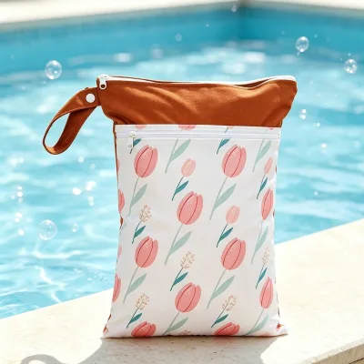 Double Compartment Recycled Fabric Waterproof Wet Bag Wholesale Surf Wave Print Zipper Pouch for Summer Family Vacation