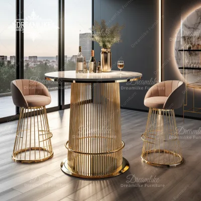 Rock Slab or Acrylic Bar Table and Chairs Gold Round Stainless Steel Modern Pedestal Durable Commercial Cocktail bar
