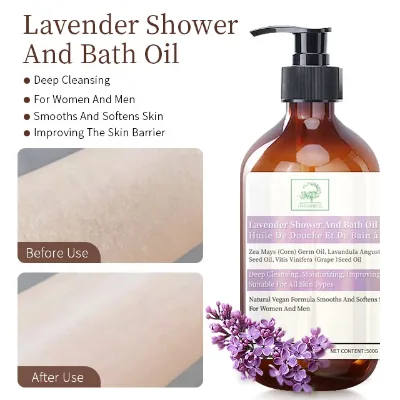 OEM ODM Your Label and Logo Softening and Smoothing Lavender Shower and Bath Oil for Dry Skin Huile De Douche for Adults