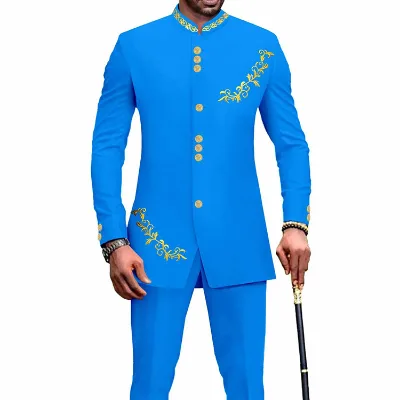 Two Piece Wax Prints African Embroidery African Ethnic Men Suit Traditional Sky Blue Suit for Men