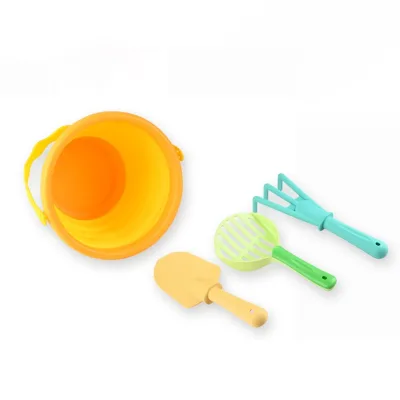 4Pcs Collapsible Beach Bucket Toy Set Silicone Foldable Sand Pail with Shovel Rake Sieve for Kids Summer Outdoor Travel Fun