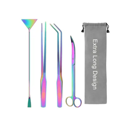 Extra-long Aquarium Water Corner Set in Color, 4-in-1 Rust-proof Aquatic Plant Tools, Stainless Steel Tweezers