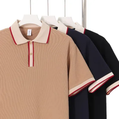 Anti Pilling Short Sleeve Polo Shirt Custom Contrast Collar and Half Pull Chain Detail Solid Color