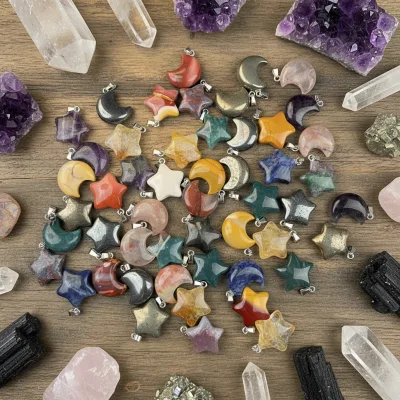 Mixed Gemstone Pendant Natural Crystal Crafts Amethyst Moon and Star Pendant for Healing Gift