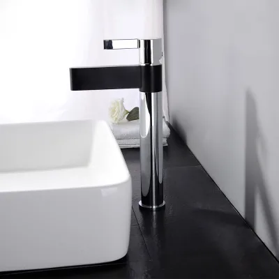 Two-Tone Black Tall Above-Counter Faucet Single Hole Mixed Body Diagonal Slanted Lever Rectangular Slot Spout Designer