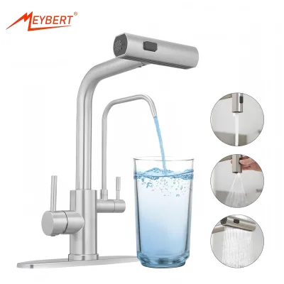 Modern Waterfall Kitchen Faucet Built-In Water Filter 2-Handle Brushed Nickel 360 Swivel Flexible Leak Resistant Deck Mount Pull